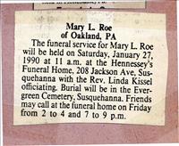 Roe, Mary L. (Funeral Notice)